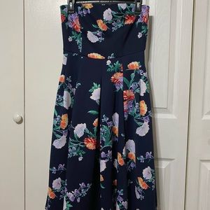 navy blue with floral, strapless dress